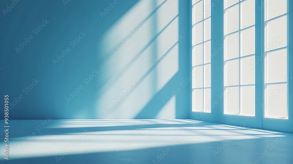 Leinwandbilder Minimalistic simple abstract light blue background for product presentation Shadow and light from windows on wall : Generative AI