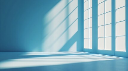 Minimalistic simple abstract light blue background for product presentation Shadow and light from windows on wall : Generative AI