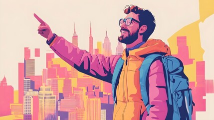 A friendly tour guide pointing out landmarks in a vibrant city, with a light solid color background