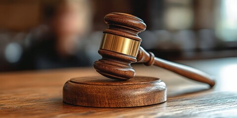 Judge's Hammer in Focus with Blurred Background of a Concerned Child