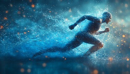  The human body shape of a running man filled with blue water on a blue gradient background - sport or fitness hydration, healthy lifestyle or wellness concept design 