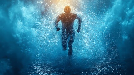  The human body shape of a running man filled with blue water on a blue gradient background - sport or fitness hydration, healthy lifestyle or wellness concept design 