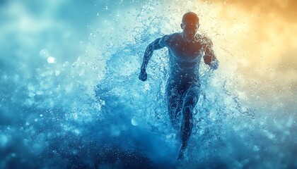  The human body shape of a running man filled with blue water on a blue gradient background - sport or fitness hydration, healthy lifestyle or wellness concept design 