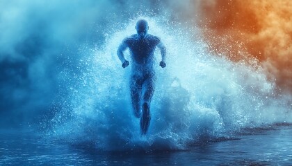  The human body shape of a running man filled with blue water on a blue gradient background - sport or fitness hydration, healthy lifestyle or wellness concept design 