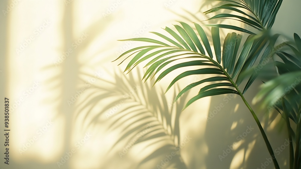 Poster Blurred shadow from palm leaves on light cream wall Minimalistic beautiful summer spring background for product presentation : Generative AI