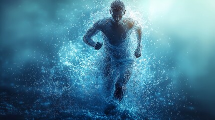  The human body shape of a running man filled with blue water on a blue gradient background - sport or fitness hydration, healthy lifestyle or wellness concept design 