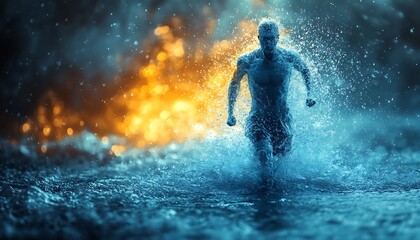Obraz premium The human body shape of a running man filled with blue water on a blue gradient background - sport or fitness hydration, healthy lifestyle or wellness concept design 
