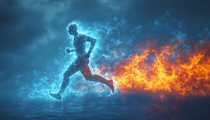 Naklejka premium The human body shape of a running man filled with blue water on a blue gradient background - sport or fitness hydration, healthy lifestyle or wellness concept design 