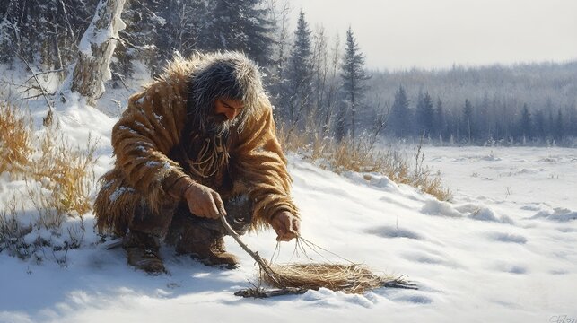 A realistic portrayal of a trapper setting a snare in a snowy landscape, showcasing the intricate details of the trap