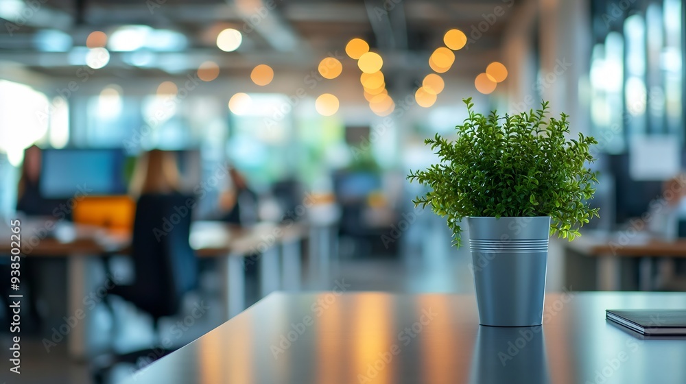 Poster employees blur in the workplace in office with computer or shallow depth of focus of abstract backgr