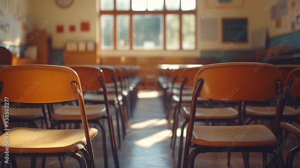 Poster Empty classroom with a lot of chair with no student Empty classroom with vintage tone wooden chairs Back to school concept : Generative AI
