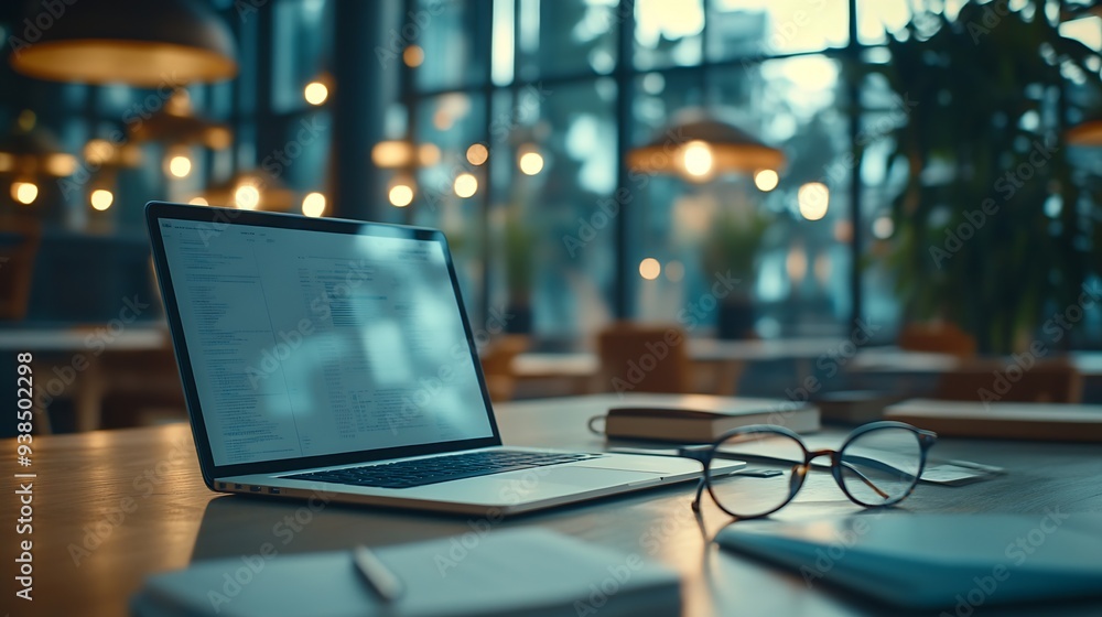 Fototapete Laptop Computer notebook and eyeglasses sitting on a desk in a large open plan office space after working hours : Generative AI
