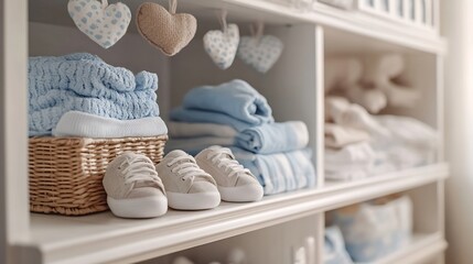 Different baby clothes shoes and bedclothes on shelves in white opened wardrobe at nursery room Front view : Generative AI