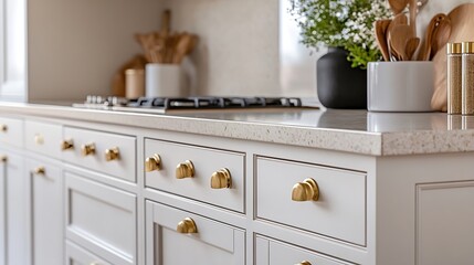 Modern kitchen interior Stylish white kitchen cabinets with brass knobs granite island appliances and evening light in new scandinavian house Modern minimal kitchen design : Generative AI