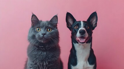 Portrait of a british shorthair cat and a border collie looking at the camera on a pink background : Generative AI