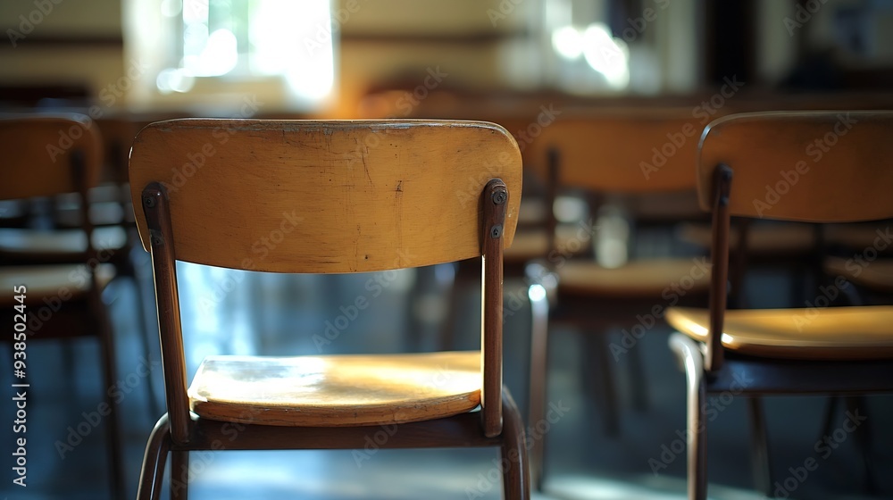 Poster selective soft and blur focusold wooden row lecture chairs in classroom in poor schoolstudy room without studentconcept for education in Third world : Generative AI