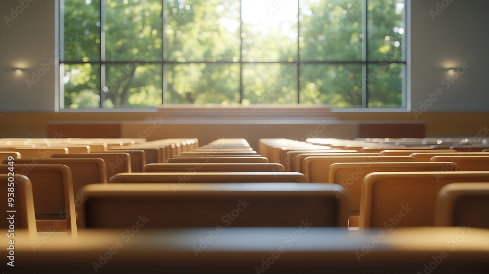 Poster Empty university classroom with wooden chairs and desks Modern university lecture room without student : Generative AI