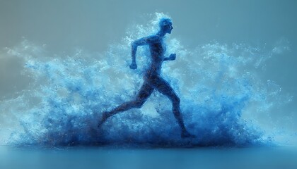 Fototapeta premium The human body shape of a running man filled with blue water on a blue gradient background - sport or fitness hydration, healthy lifestyle or wellness concept design 