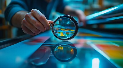 Print house worker controlling printing process quality and checking colors with magnifying glass : Generative AI
