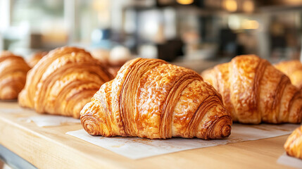 Freshly baked croissants on counter in a bakery. food photography concept for advertisement.