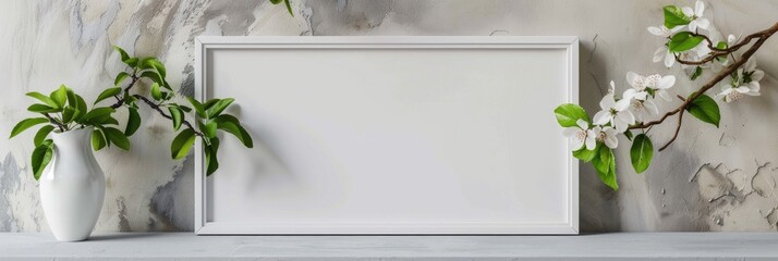 Apple Blossom Branches and Blank Frame on Gray Table Mockup for Promotions and Marketing A vacant space for motivational quotes or text