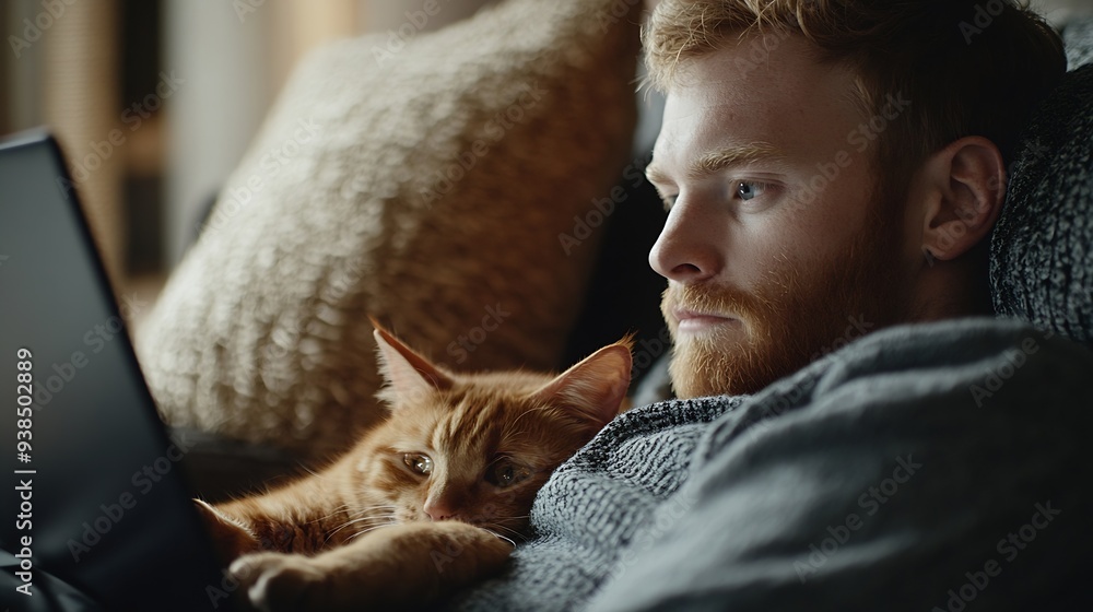 Poster Man working online from home with pet using laptop Ginger cat looks at screen interested in computer Interrupting while working on internet : Generative AI