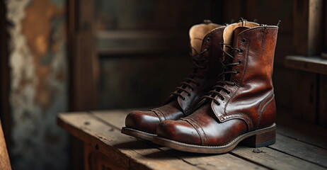 old boots on wooden background
