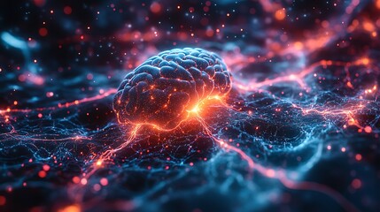  Human brain stimulation or activity with neuron close-up 3D rendering illustration. Neurology, cognition, neuronal network, psychology, neuroscience scientific concepts design 