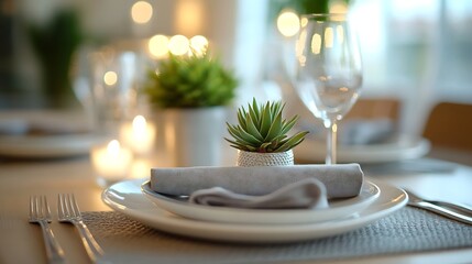 A tasteful minimalist table setting showcasing a ceramic plate silver cutlery bundled in a grey napkin a textured glass and a miniature succulent plant : Generative AI