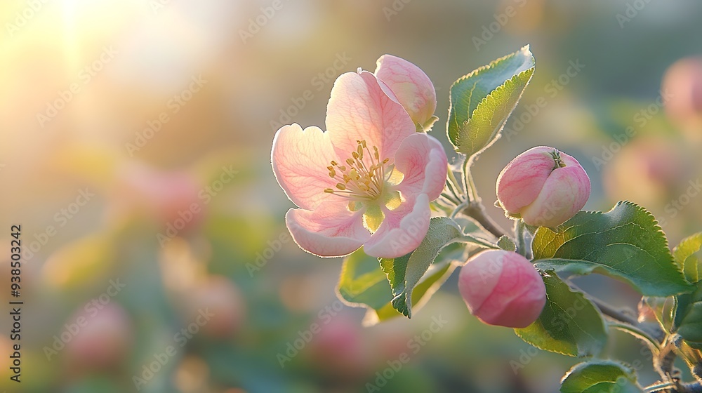 Poster apple flower buds in bloom signaling the arrival of spring the apple tree blossoms with the beauty o