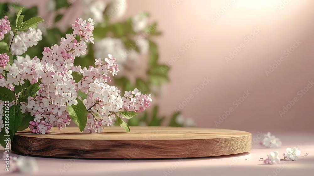 Poster Geometric empty podium wooden platform stand for product presentation and spring flowering tree branch with white lilac flowers on pastel light background : Generative AI