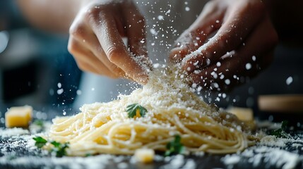 Fototapeta premium Chef grates hard cheese on top of a freshly prepared pasta dish Pasta is mediterranean Italian traditional cuisine : Generative AI