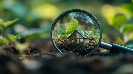 Magnifying glass and green house High energy efficiency Green technologies in construction Ecological housing Selfsufficient autonomous and zero carbon emissions Minimal impact on envi : Generative AI