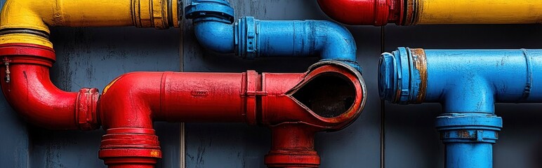 A colorful display of water pipes in red, blue, and yellow colors, with one pipe being broken or damaged. 