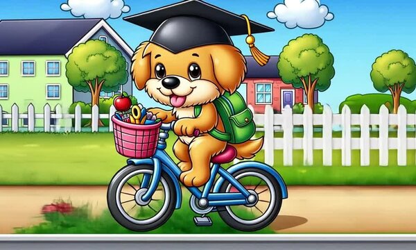 student dog cartoon, going to study by bicycle.