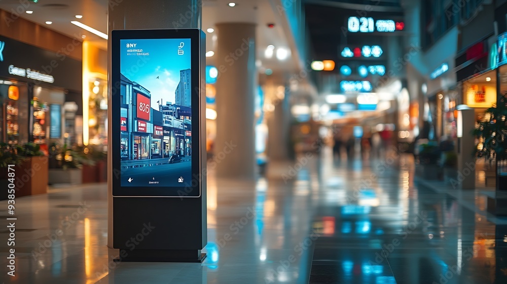 Poster Advertising digital screen on pillar in shopping mall Vertical OOH out of home poster display in retail environment Out of focus bokeh effect in background : Generative AI