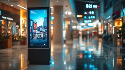 Advertising digital screen on pillar in shopping mall Vertical OOH out of home poster display in retail environment Out of focus bokeh effect in background : Generative AI