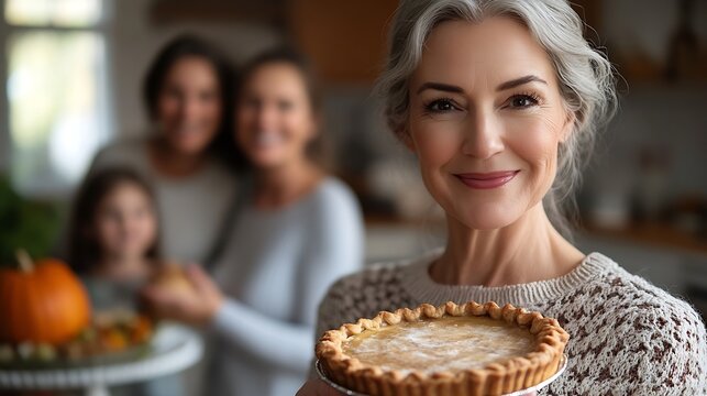 Happy mature woman holding baked Thanksgiving pie and looking at camera Her family is in the background : Generative AI