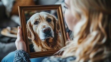Woman holding frame with picture of dog in room closeup Pet funeral : Generative AI