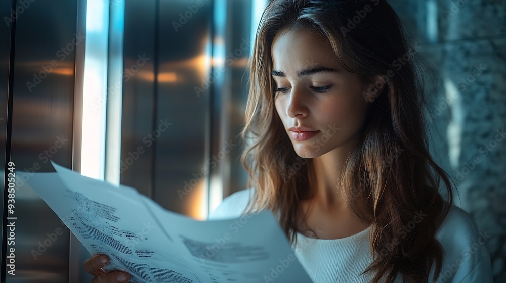 Poster a woman reads an advertisement for a new product on an elevator screen the woman is intrigued by the