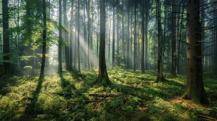 Obraz premium Sunbeams Through the Forest