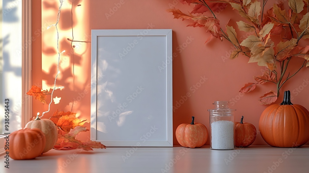 Leinwandbilder white empty frame in orange solid color studio scene white lights halloween background product displ