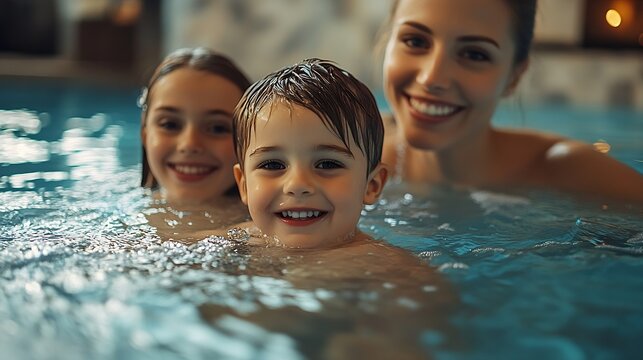 Family enjoy in the indoor swimming pool : Generative AI