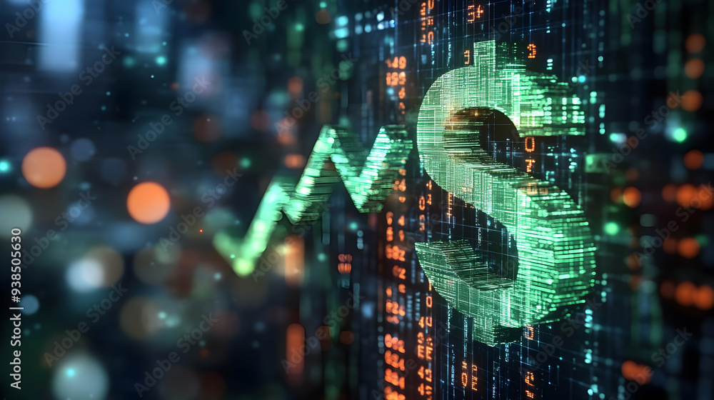 Poster 3d rendering of a dollar sign with an upward arrow on a digital background.
