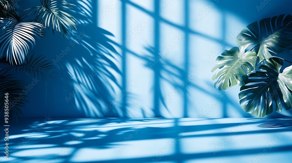 Aufkleber Abstract blue color gradient studio background for product presentation Empty room with shadows of window and flowers and palm leaves  3d room with copy space Summer concert Blurred ba : Generative AI