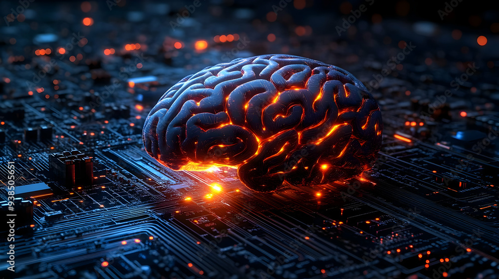 Poster 3d rendering of a glowing human brain on a circuit board.