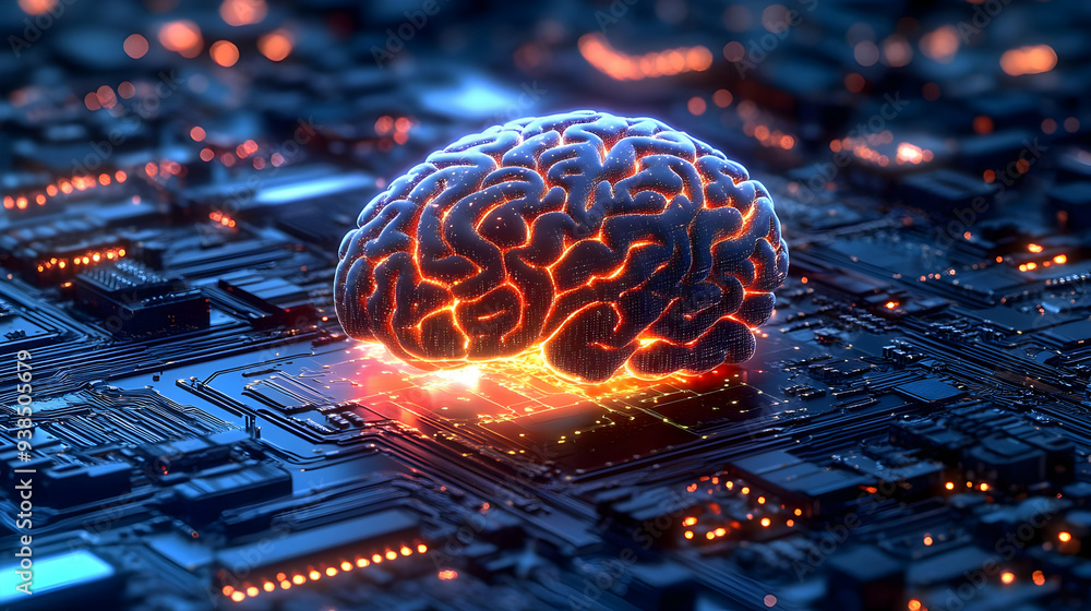 Poster a 3d digital brain glows on a computer circuit board.