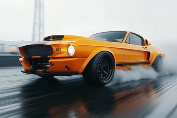 Muscle car with wide tires and a roaring exhaust ready for the drag strip.