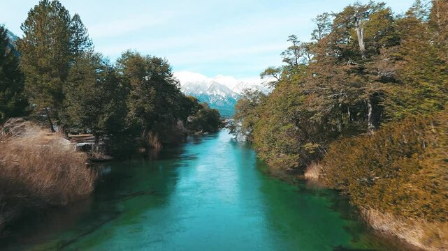 Tranquil River Flowing Through Lush Forest in Patagonia Argentina. Ruca Malen River in Villa la angostura, Neuquen, Argentina 