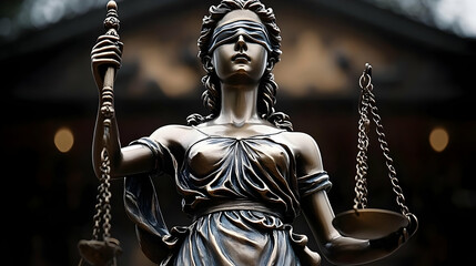 A bronze statue of Lady Justice holding scales of justice and a sword, blindfolded and looking upwards.